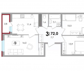3-комн, 71 кв м, этаж 12/18 ул Сергея Есенина, 37
